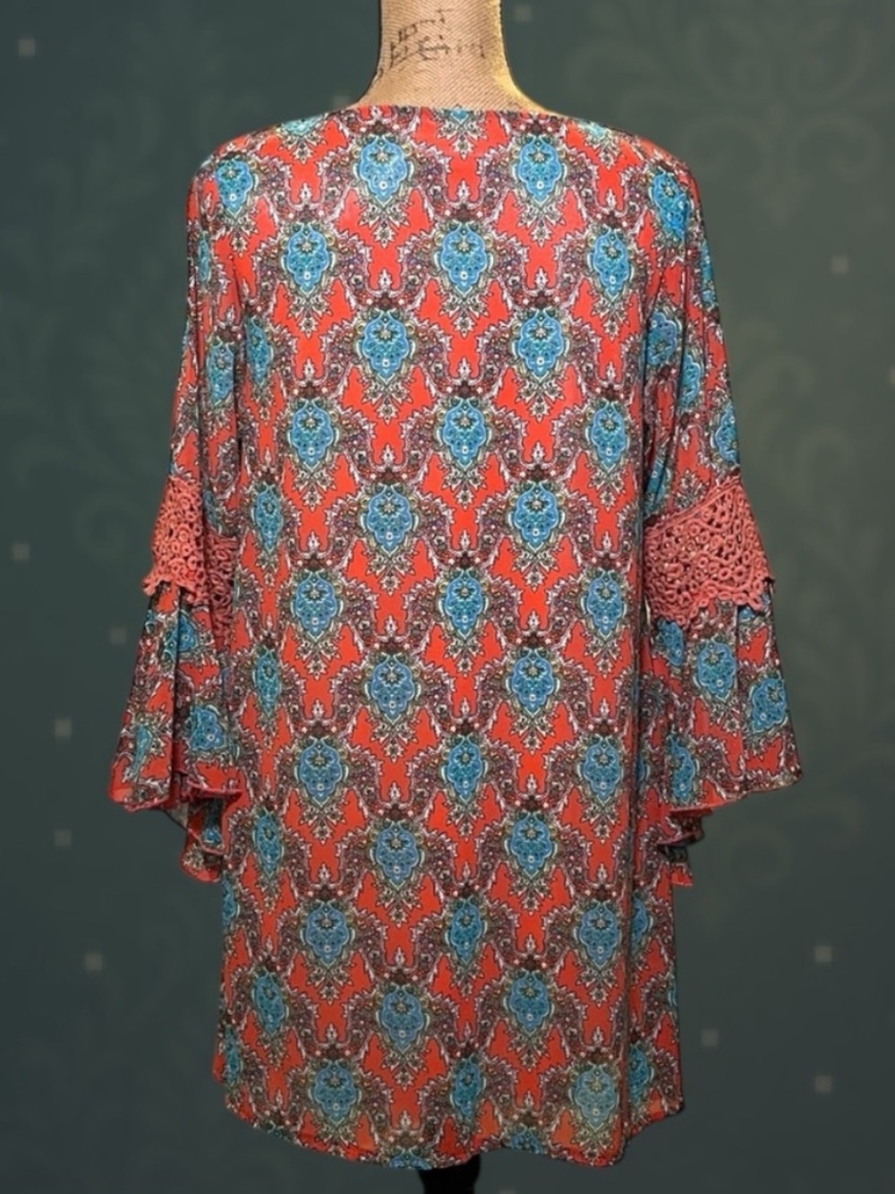 Lady Noiz Coral Paisley Boho Dress Bell Sleeves Crochet Lace Small - Picture 6 of 15